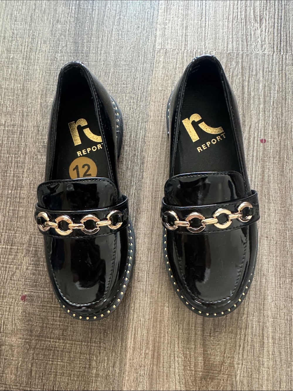 Report Black Patent Loafers with Gold Chain Trim
